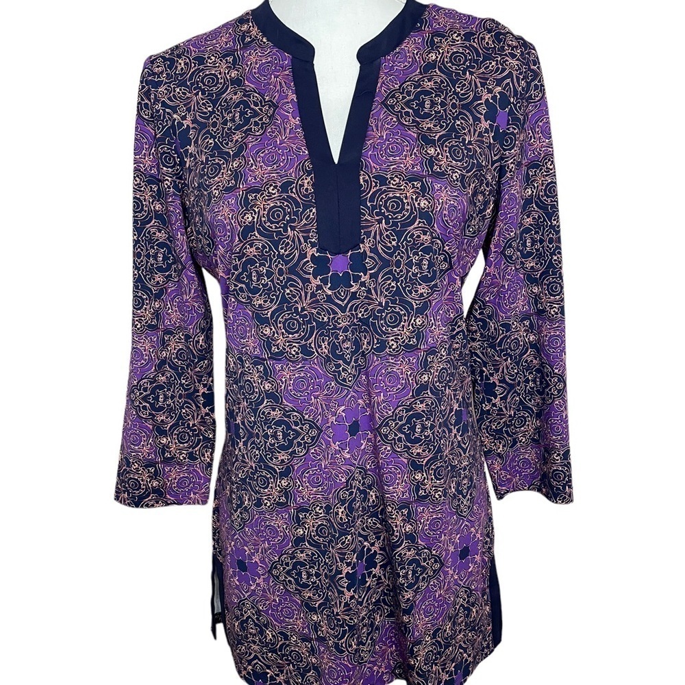 J. McLaughlin Catalina Cloth Boca Print Tunic 3/4 Sleeve Purple and Blue Size M